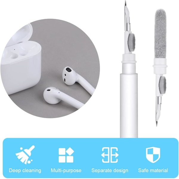 AirPod Puhdistussetti, 3 in 1 Airpod Puhdistuskynä Sienellä, Langattomien Kuulokkeiden Puhdistuskynä, Monitoiminen Kuulokkeiden Puhdistussetti - Valkoinen