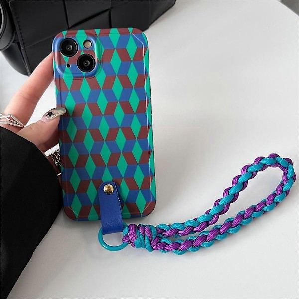 iPhone 14 TPU -puhelinkuori, jossa on limittäin rombikuvio, iskunkestävä puhelinkotelo rannehihnalla