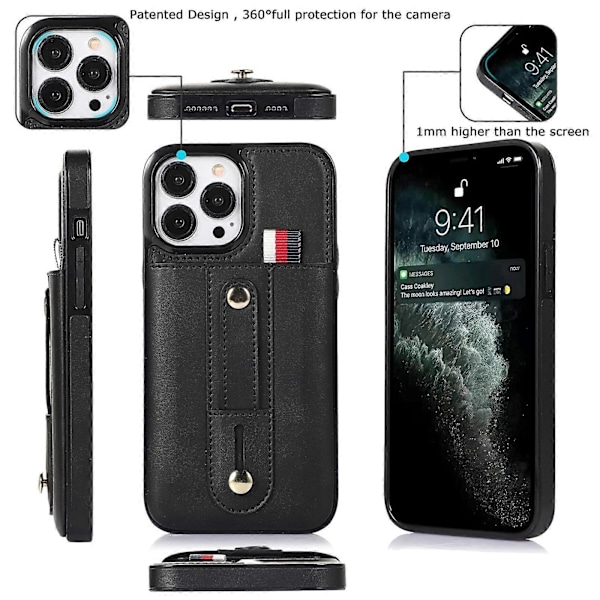 iPhone 14 Pro Max -puhelimen ranneke, jalusta ja lompakko, nahkainen suojakotelo