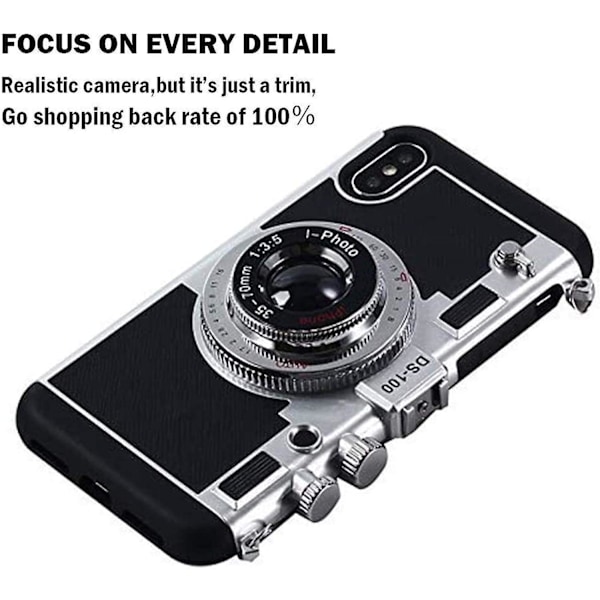 3D Retro Kameraveske, Støtsikker Veske for iPhone 12Pro XS Xr Max 7 8 Plus, Avtakbar Snor