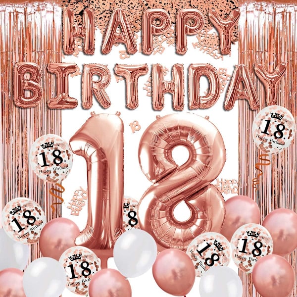18 vuotta ruusukultainen syntymäpäiväkoriste, hyvää syntymäpäivää -banneri, hän