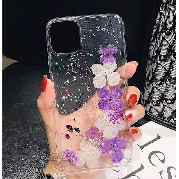 Iphone 11 Pro Blomsteret Etui Piger Kvinder Glitter Presset Tørret Ægte Blomster Cover Fleksibel Blød Gummi Krystalklar Etui Til Iphone 11 Pro (hydrang
