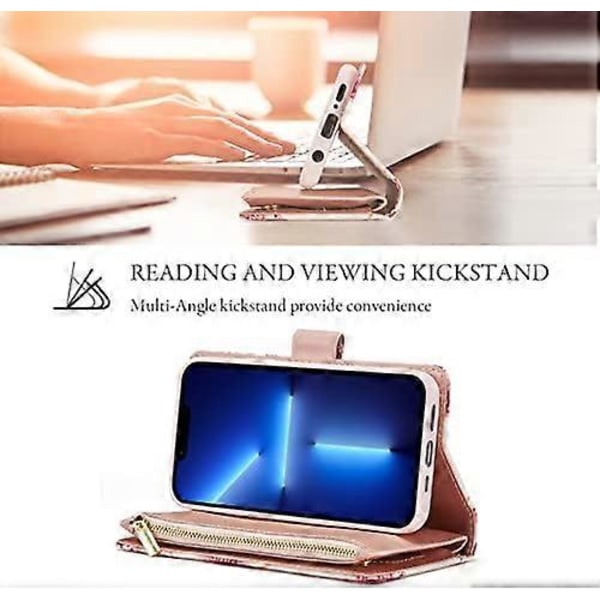 Pung Etui til iPhone 16 Pro Max, PU Læder Etui Magnetisk Lukning Håndtaske Lynlåslomme Etui Støtteben Kortpladser med Håndrem Marple Flip Etui f
