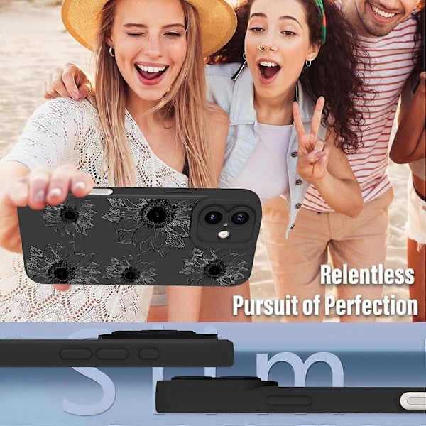 Blomsteret etui til iPhone 16, sødt solsikke blomsterdesign blødt TPU stødabsorberende beskyttende til kvinder piger telefoncover - Sort blomst