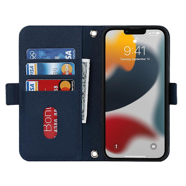 Læder telefoncover med krydset tekstur og lanyard til iPhone 14 Pro Max