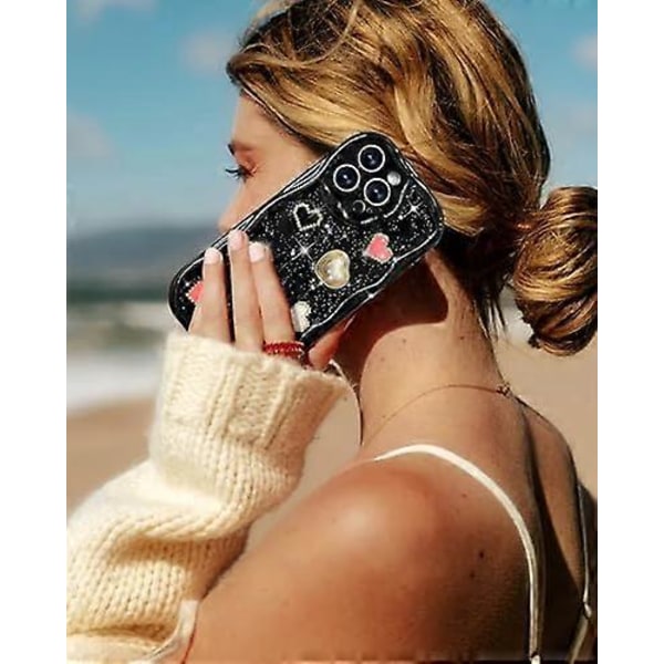 Etui til Piger Kvinder - Sødt Pigeagtigt Kærlighedshjerte Telefoncover til iPhone 14Pro Max Sort Glitrende Skinnende Bølge Smukt Unikt Design Funda til iPhone 14 Pro Max
