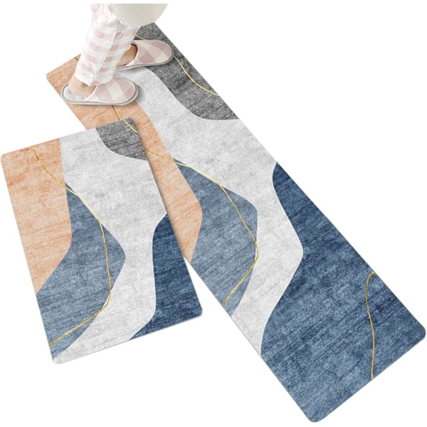 Liukumaton keittiömatto tiskialtaan eteen, geometrinen kuvio, 2 kpl imukykyinen keittiön lattiamatto, pehmeä käytävämatto 40 * 60+40 * 120cm (tyyli 2)