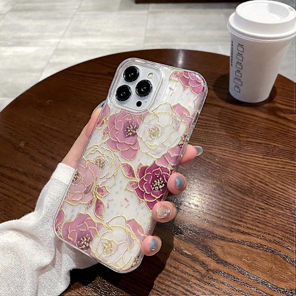 iPhone 15 Pro Max PC+TPU -puhelinkotelo, jossa on kimaltavaa jauhekoristelua ja pionikuvio