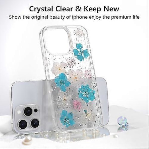 Blommig Skal för iPhone 16 Pro Max Transparent Skal med Äkta Torkade Blomstermönster, Glitter Söt Blomdesign för Kvinnor Flickor Slim Mjuk Kant Stötsäker Ph
