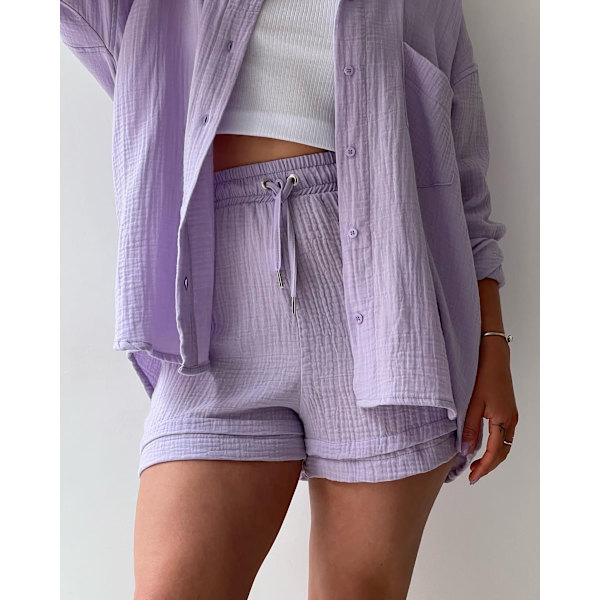 Dam Crinkle Krage Långärmad Skjorta Hög Midja Dragsko Shorts Mode Casual Tvådelat Set Lila XL