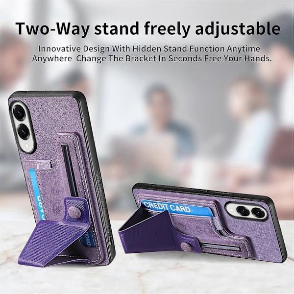 Samsung Galaxy S25 Edge -kotelo korttipaikalla, jalustalla ja retro-nahkaisella takakuorella - Violetti