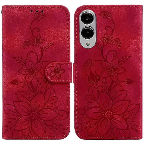 Til Samsung Galaxy S25 Edge Etui Lily Blomster Præget Læder Telefon Cover Med Støttefod - Sort