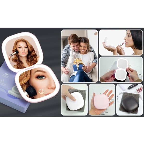 Kompakt Spejl med 3x Forstørrelse Bærbar Lommespejl Dobbeltsidet LED Lys Makeup Spejl USB-C Genopladeligt Rejsespejl (Sort)