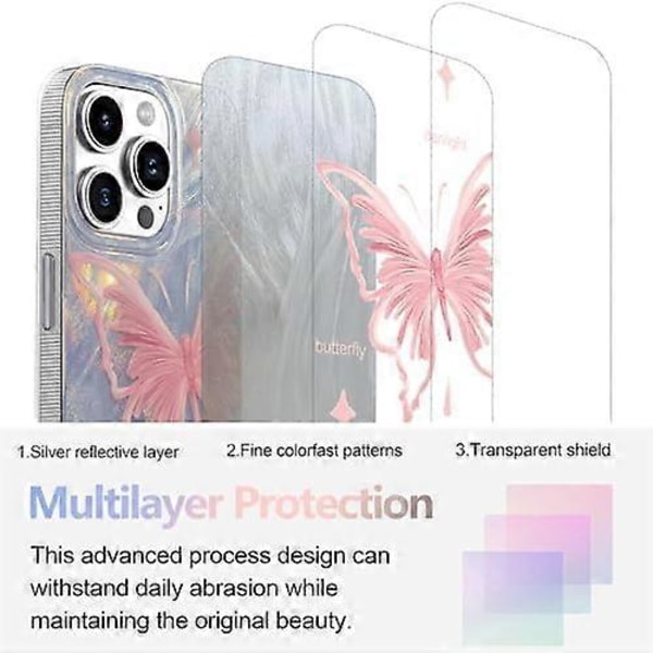 Skal för iPhone 14 Pro Max Rosa Fjärilsdesign, Söta Trendiga Mjuka Slim TPU Stötsäkra Skyddande Mobilskal Fodral för Kvinnor Flickor Estetisk GlitterSh