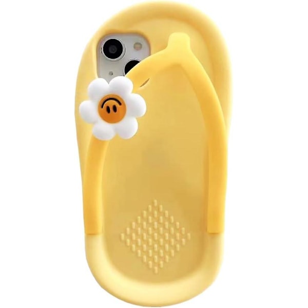 Kawaii Mobilskal Passar iPhone 14, Sött Tecknat Gula Tofflor Mobilskal med Blomma Flip Flops Mobilskal 3D Skal