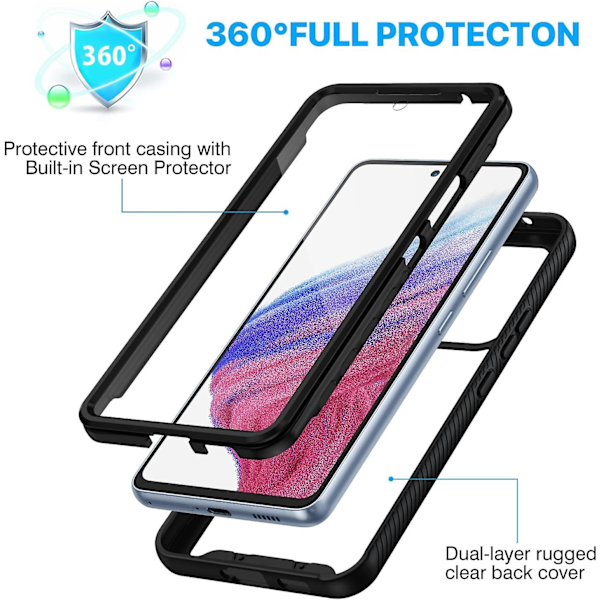 Samsung A53 5G Skal, Svart Stötsäkert Skydd med Skärmskydd, 360 Skyddat Mobilskal Dubbelsidigt Robust Transparent Helskalskydd för Samsun