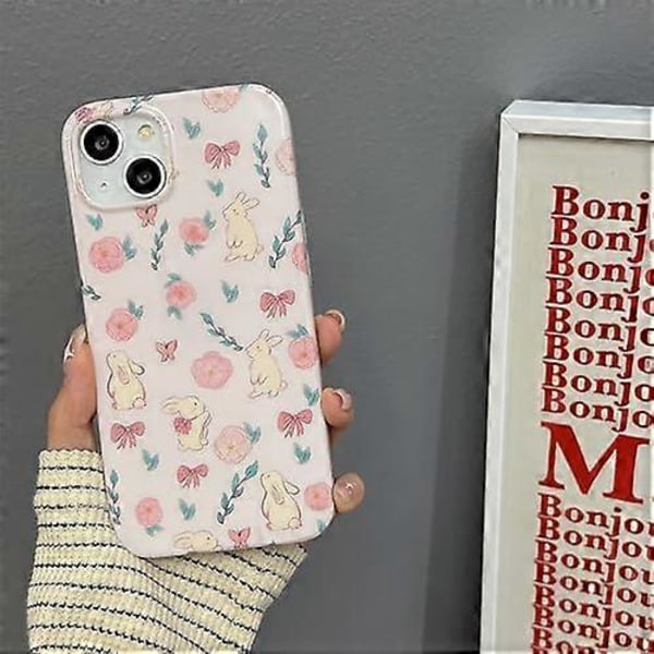 Rosa Blommig Kanin Mobilskal för iPhone 15 Pro Max, Sött Korea 3D Kanin Blomma Tecknat Skal för Kvinnor Flickor