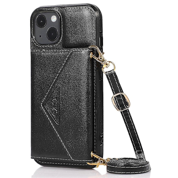 Mobilskal för iPhone 15 Triangel Lock Kortfack Läder+TPU-skydd med Lång Rem