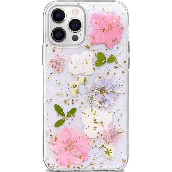 Designat för iPhone 13 Pro Max Pressat Blomfodral, Sött Bling Glitter Glittrigt Genomskinligt med Design Mjukt Silikon TPU Gummi Torkad Äkta Blommig Estetik