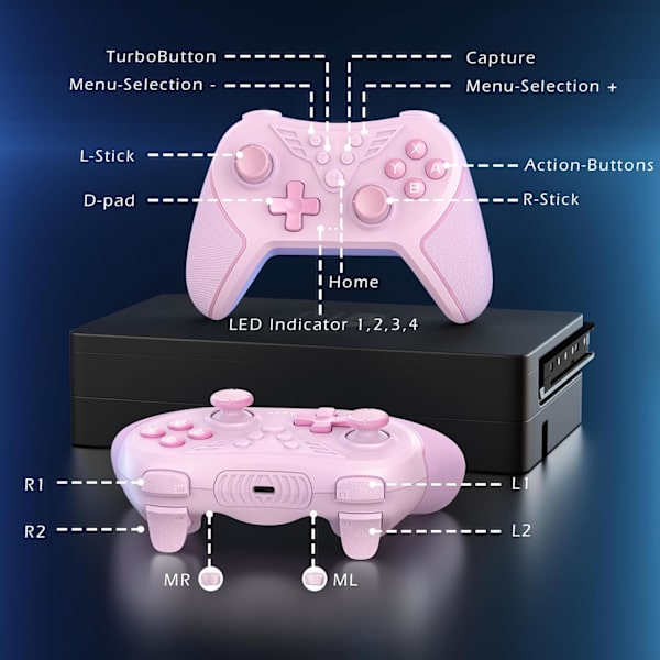 Controller til Switch, trådløs controller kompatibel med Switch Lite/Oled, TURBO/Macro programmering/justerbar vibration/6-akset gyroskop - Pink Pink