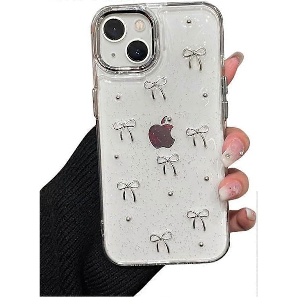 Etui til iPhone 15, Bling Glitter 3D Sløjfe Telefon Etui Sødt Glitrende Krystalklart Sløjfe Æstetisk Design Etui Slankt Blødt Holdbart TPU Transparent Beskyttelse