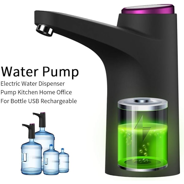 Elektrisk vattenpumpsdispenser, USB-laddning vattenpumpsdispenser för flaska, för universalflaska, portabel vattenpumpsdispenser för inomhus och utomhusbruk (Svart)