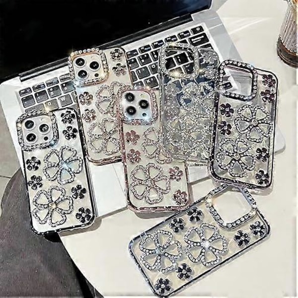 Søt Glitter Bling 3D Diamantblomst med Luksuriøs Rhinestone Blomsterdesign for Kvinner og Jenter og Glitrende Skinnende Slim Støtsikkert Deksel for iPhone 15 Pro Max - Himmelsblå