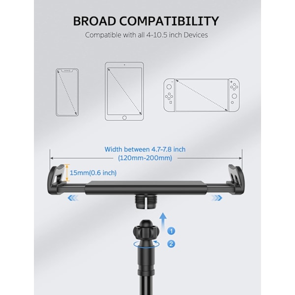 Datorställ, justerbart, lämpligt för iPad iPhone Phone Series/Nintendo Switch/Samsung/Kindle etc., total längd 80cm, svart black