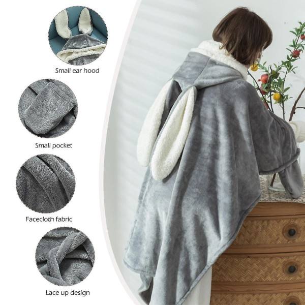 Sød Kaninøre Bærbar Tæppe Tyk Fleece Hætte Poncho Wrap med Handsker Hjemme Pige Hættetrøje