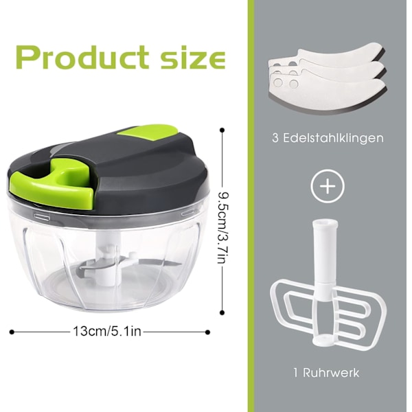 Manuel fødevareprocessor, grøntsagshakker, løgskærer, terningeskærer, kværn, hvidløgshakker, blender til hakning af løg (520 ml)