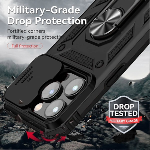 Armor Skal för iPhone Ställ Skal med Skjutbart Kameraskydd & Stöd Militärklass Kraftigt Skydd med Magnetisk Hållare för iPhone12PRO(Svart)