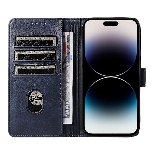 iPhone 14 Pro täydellinen suojaus, neliönmuotoinen nahkainen puhelinkotelo jalustalla ja lompakolla
