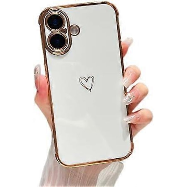 Suunniteltu iPhone 16 -kotelolle 6,1 tuumaa, Söpö pinnoitettu reunus, jossa sydänkuvio ja kameran linssinsuoja