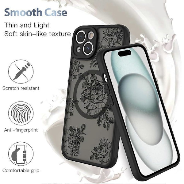 Etui til iPhone 15 [Kompatibel med MagSafe] Sort Blomst Blomstermønster Design Etui til Kvinder Piger Blød TPU Kofanger Hård PC Bagside Anti-Fald Stødsikker