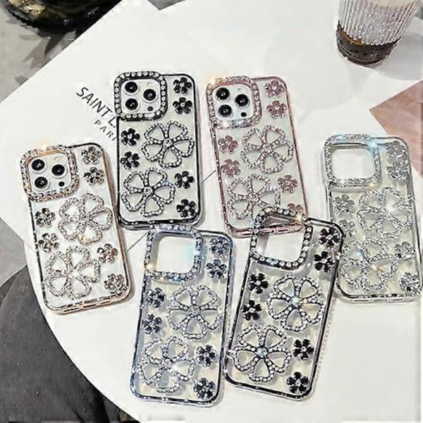 Sött Glitter Bling 3D Diamantblomma med Lyxiga Strassblommor för Kvinnor och Flickor och Glittrigt Skinande Slimmad Stöttåligt Skal för iPhone 15 Pro Max - Himmelsblå