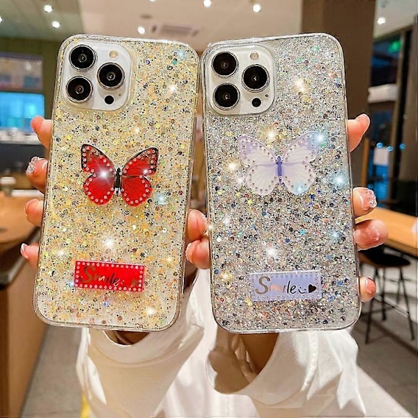 Stjerneglimmer Paillet Rhinestones Sommerfugl Epoxy TPU Telefoncover til iPhone 15