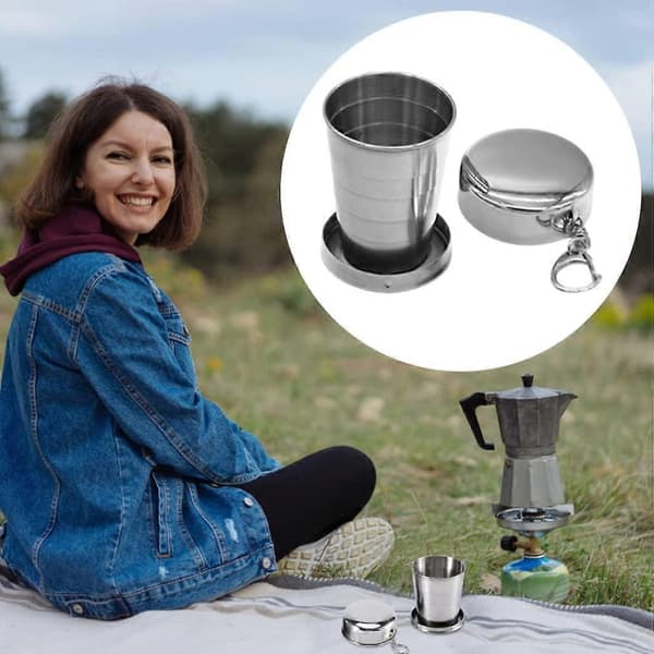 2-pak sammenklappelig krus i rustfrit stål campingkrus teleskopisk bærbart 75ML foldbart krus med nøglering krus