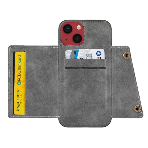 For iPhone 14 Plus Dobbel Spenne Kortspor PU+TPU Telefondeksel