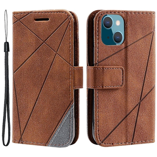 För iPhone 15 Mobilskal Hudvänlig Splitsdesign Läder Mobilfodral med Handrem
