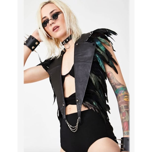 Gotisk Sort Fjer Kappe Stola Sjal PU Læder Krave Skulder Wrap Vinger Bolero Halloween Kostume (Sort)