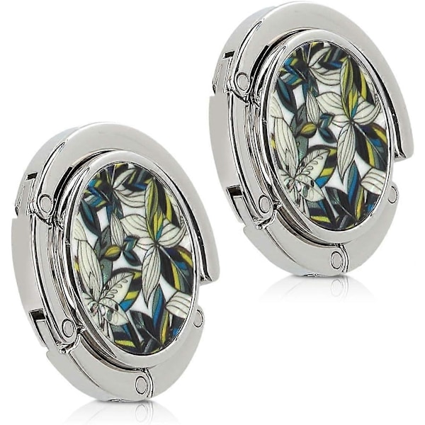 2x Handväskkrok 9*4,5cm - Vikbar metallväskkrok - Väskhållare för bord eller skrivbord - Hängande handväska och små föremål - blå-gul-vita vita blommor