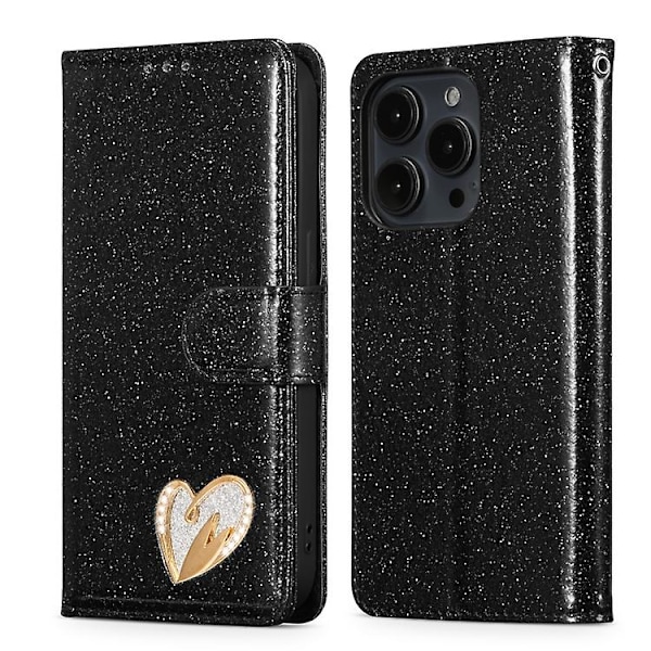 Glitterpulver Love Læder Telefoncover til iPhone 15 Pro Max