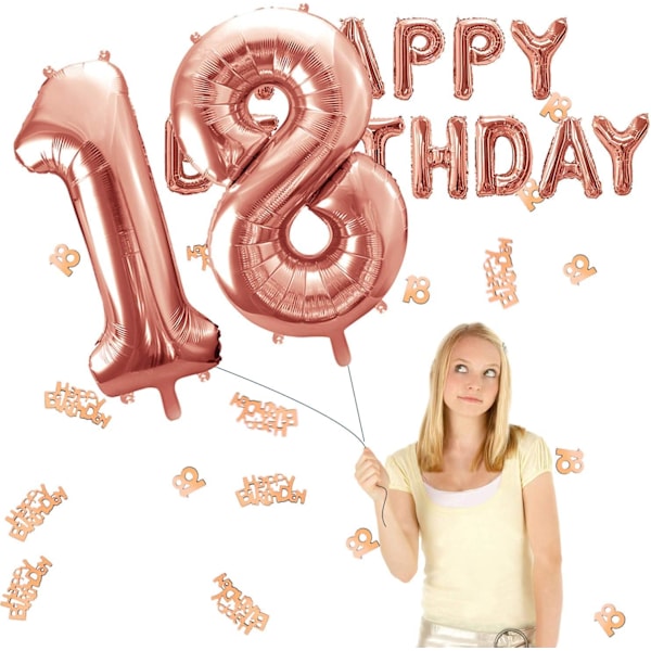 18 vuotta ruusukultainen syntymäpäiväkoriste, hyvää syntymäpäivää -banneri, hän