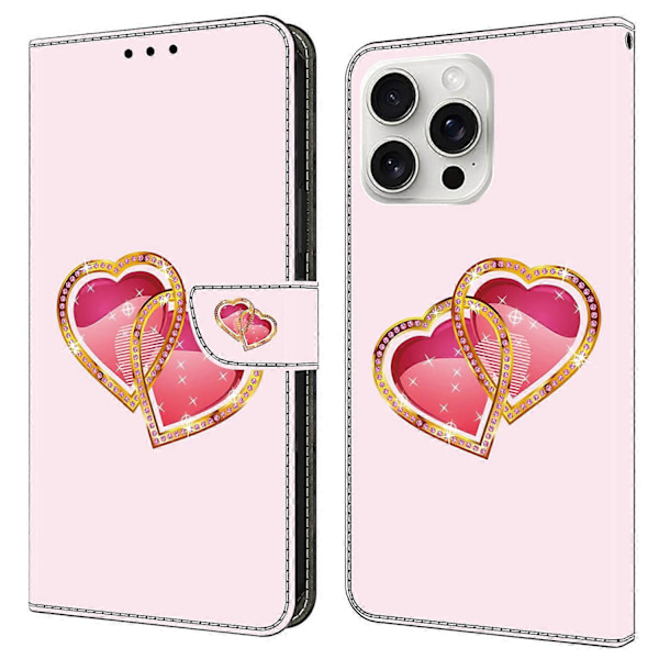 Skal till iPhone 16 Pro Max Mönstertryckt Skyddande Läder Flip Fodral - Love Peach