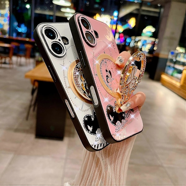 Magnetiskt skal med stativ för iPhone 16 TPU+PC Rhinestones Dekor Telefonskal - Vit