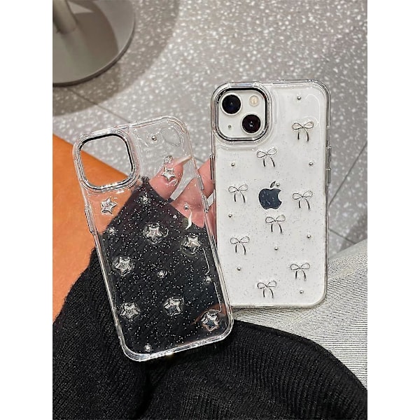 Etui til iPhone 15, Bling Glitter 3D Sløjfe Telefon Etui Sødt Glitrende Krystalklart Sløjfe Æstetisk Design Etui Slankt Blødt Holdbart TPU Transparent Beskyttelse