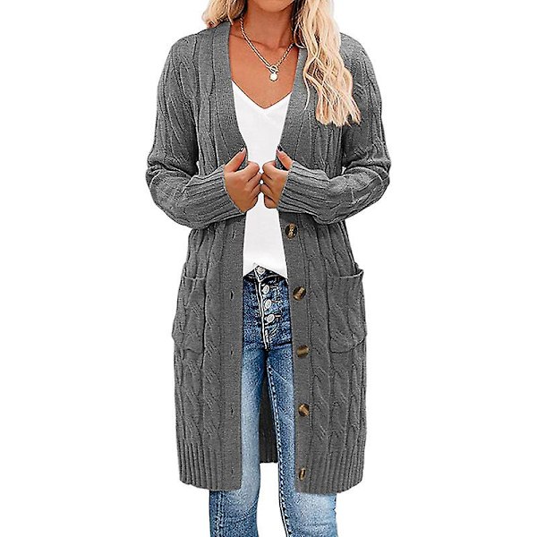 Långärmad kabelstickad lång kofta för damer, öppen framtill med knappar, ytterkläder grå