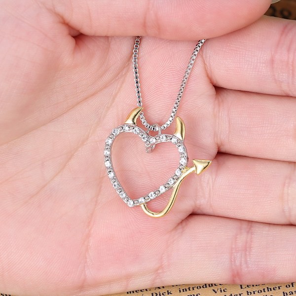 Hjärtformad Djävul Ängel Hänge Halsband, Utsökt Zirkon