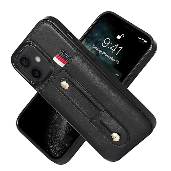 iPhone 12 mini -puhelimen ranneke, jalusta ja lompakko, nahkainen puhelinkotelo