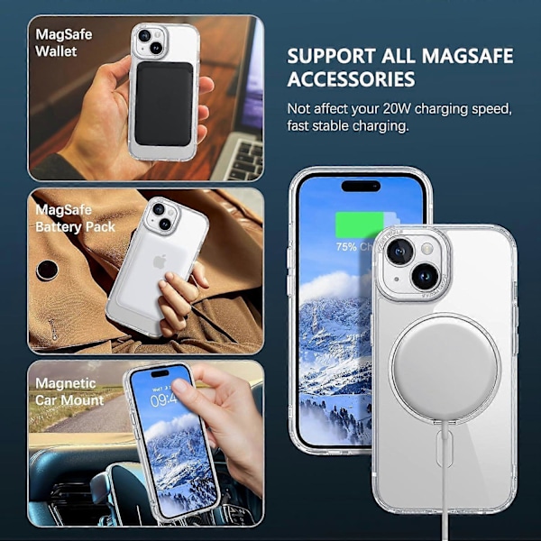iPhone 15 -kotelo MagSafe-yhteensopiva, jalustallaKirkas langaton kevyt ohut TPU-puskuri PC-kuori Kotelo Matkapuhelinkotelo 6,1 tuuman läpinäkyvä